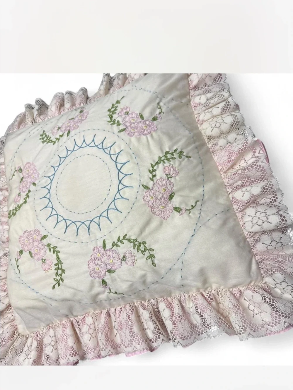 Hand-Embroidered vintage Floral Lace Throw Pillow - Pink & Cream